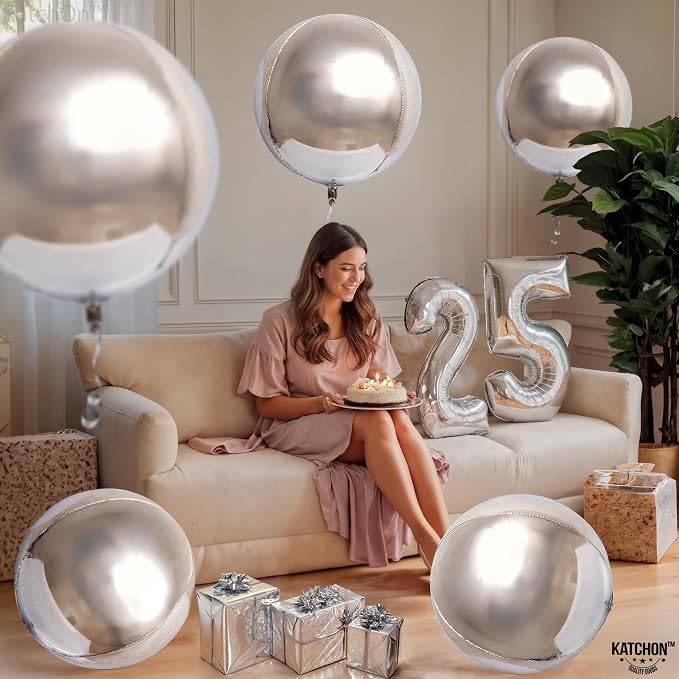 KatchOn, Metallic Silver Balloons - 22 Inch, Pack of 12 | 4D Round Mylar Balloons for Silver Birthday Party Decorations | 25th Anniversary Decorations, Engagement, Bridal Shower Decor