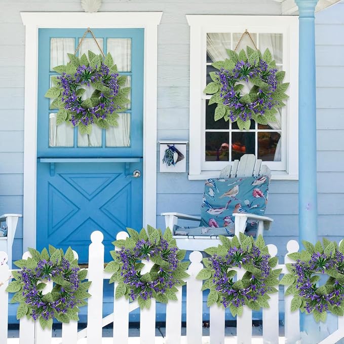 6 Pack Artificial Lavender Candle Rings Wreaths, 9 Inch Candle Rings with Green Leaves, Purple Floral Candle Rings for Pillar Candles, Wedding Centerpieces, Home Decor