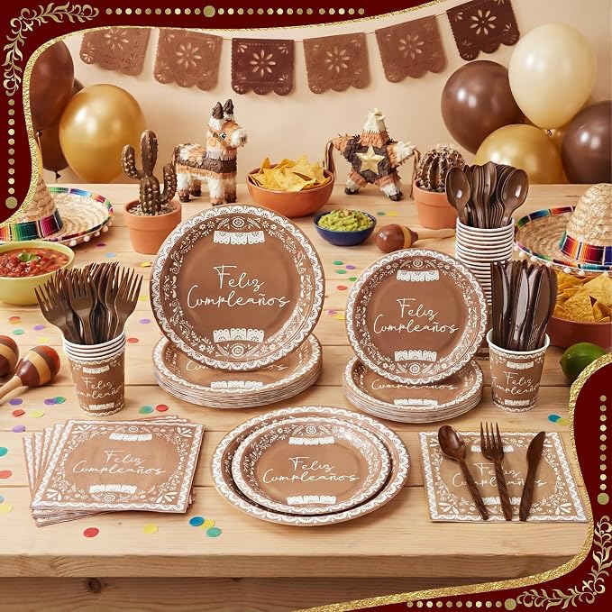 168 Pcs Mexican Birthday Tableware Set for 24 Cielito Lindo Birthday Party Plates and Napkins Brown Talavera Floral Party Supplies Papel Picado Paper Plates Cinco De Mayo Supplies