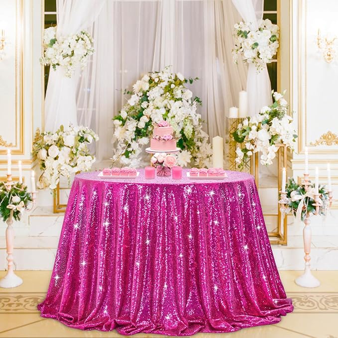 B-COOL Round Sequin Tablecloth Fuchsia Party Decorations: 90 Inch Table Cloth Hot Pink Sequin Fabric Overlay for Indoor Outdoor Dining Parties Home