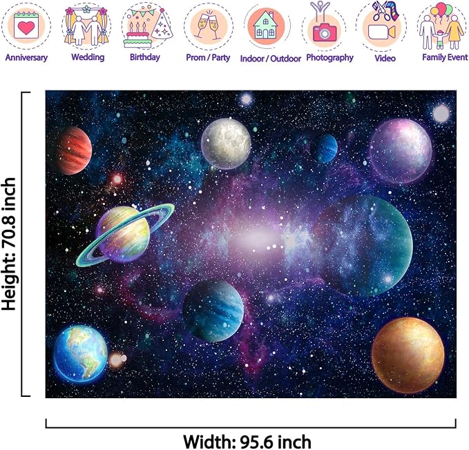 Outer Space Backdrop Starry Galaxy Birthday Party | 95.6 x 70.8 in, Polyester, Outer Space Theme, Lightweight, Reusable, Washable, Birthday Decor, Photo Backdrop