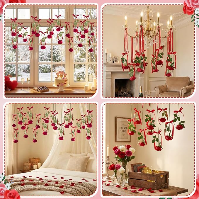 Sliner 25 Pcs Artificial Rose Flowers Hanging Decorations, Dangling Flowers Garland with Hooks Spring Party Decorations Hanging Flower Ceiling Decoration for Wedding Party Spring Home Birthday(Red)