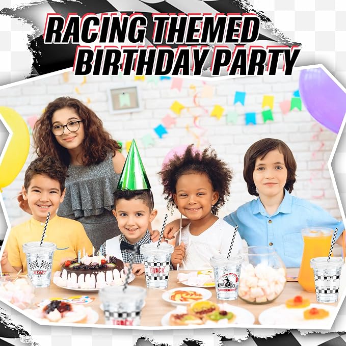 FoldTier 50 Pcs Checkered Racing Party Plastic Cup 12 oz Checkered Flag Thick Transparent Cup Black and White Cups Race Car Birthday Party Supplies for Racecar Sports Themed
