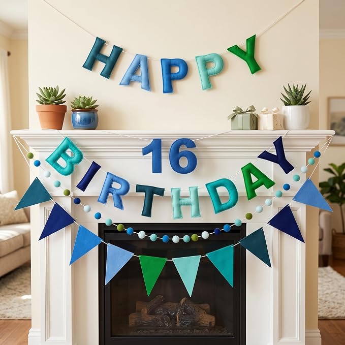 Pre-Strung Felt Happy Birthday Banner Decorations for Women Men | 3D Blue Birthday Party Decorations Sign with Replaceable Numbers 0-9,Multicolor Felt Ball & Triangle Flags Garland (Blue)