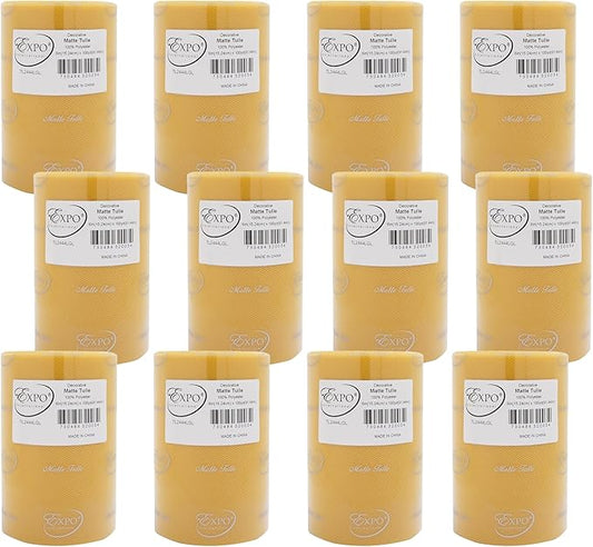 Expo International Decorative Matte Tulle, Roll/Spool of 6” X 100 Yards, Lightweight Polyester Tulle Fabric for Tutus, Costumes, and Party Decorations, Washable, Easy-to-Use, Pack of 12, Light Gold