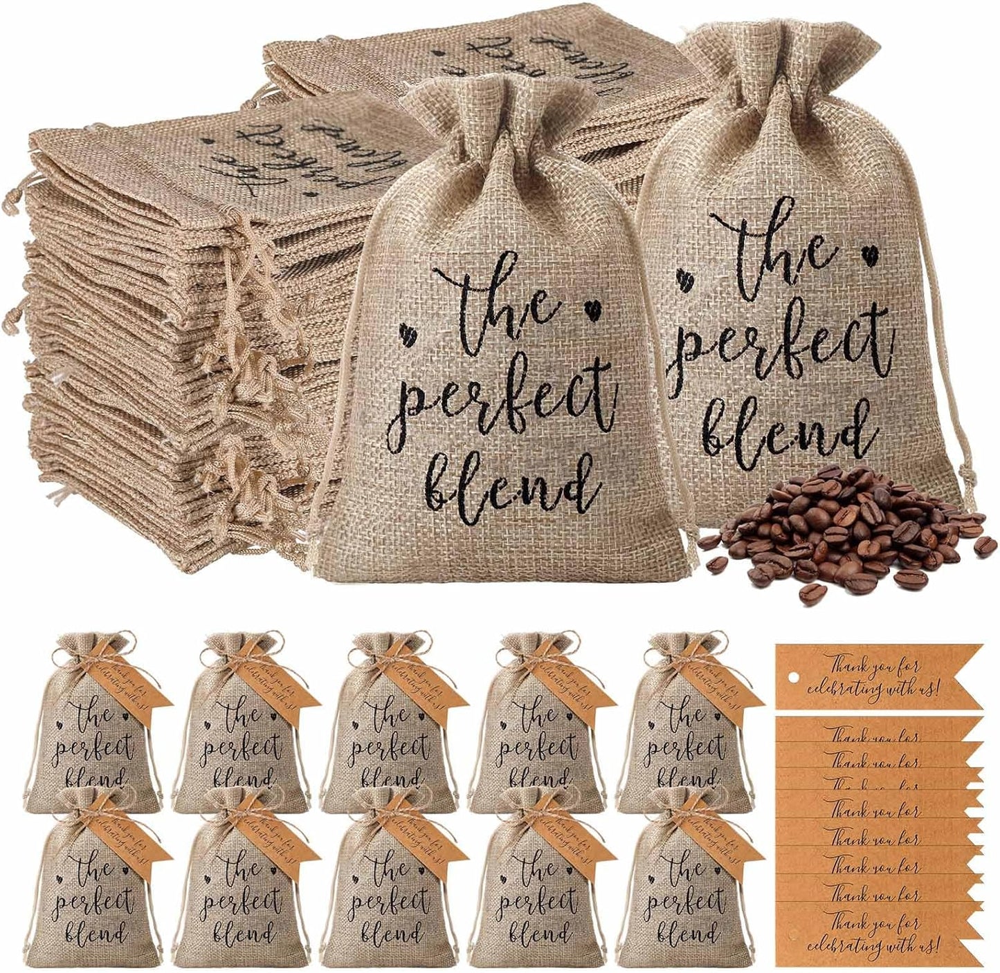 Fumete 50 Sets Wedding Coffee Party Favors for Guests the Perfect Blend Coffee Bean Bags Kraft Thank You Cards Organizer Reusable Burlap Bag and Twine Bridal Shower Souvenirs Gift, No Beans