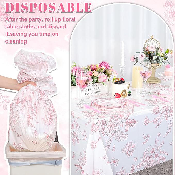 6 Pack Pink Floral Plastic Tablecloths, 54 x 108 Inch Tea Party Tablecloth | PE material, waterproof surface, fits rectangular 8-10 seat tables, for tea party, wedding, birthday, baby shower