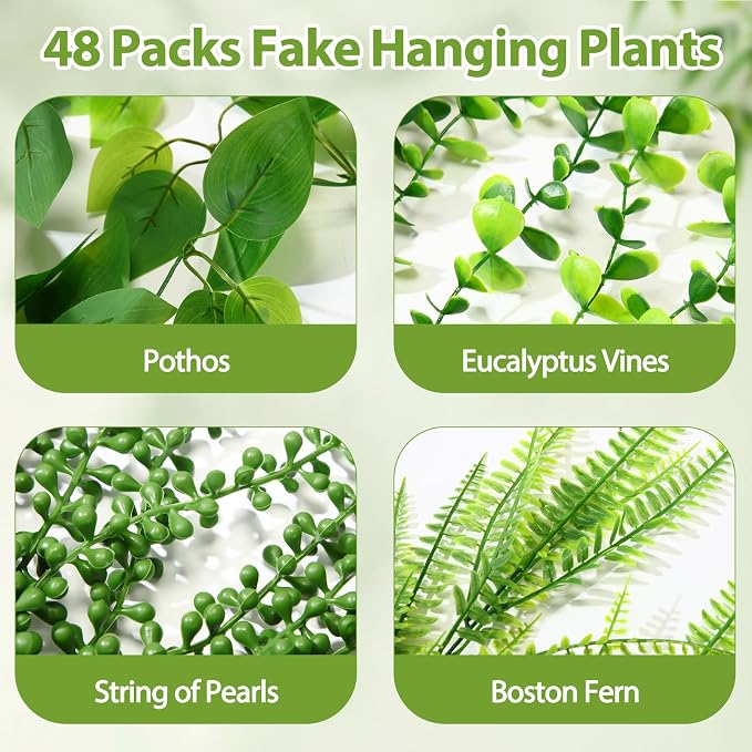 Daifunli 72 Pcs Artificial Hanging Plants Fake Hanging Ferns Plastic Fake Plant for Wall Room Garden Garland Indoor Outdoor Decor No Basket (Boston,Eucalyptus,Ivy Vine,String of Pearls)