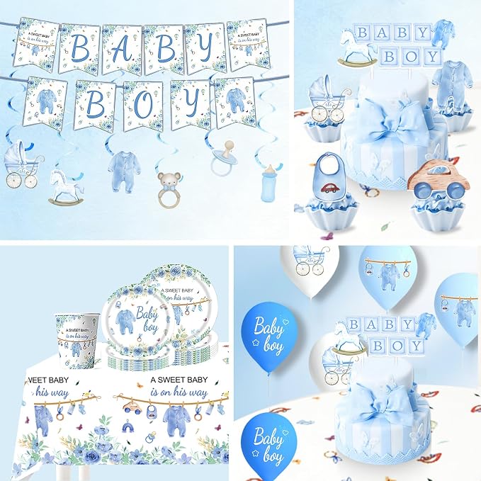 220 Pcs Blue Baby Shower Decorations 25 Guest All-in-One Party Supplies Kit with Disposable Tableware, Balloons, Hanging Swirl, Banner, Cake Toppper, Tablecloth for Baby Shower Decor