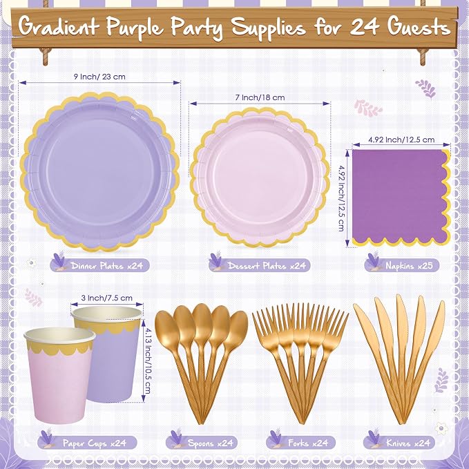 Mimorou 169 Pcs Purple Plates and Napkins Party Supplies for Guests Lavender Purple and Gold Tableware Include Scalloped Plates Paper Napkin Cup Spoon Fork Knife for Baby Shower, Wedding, Birthday