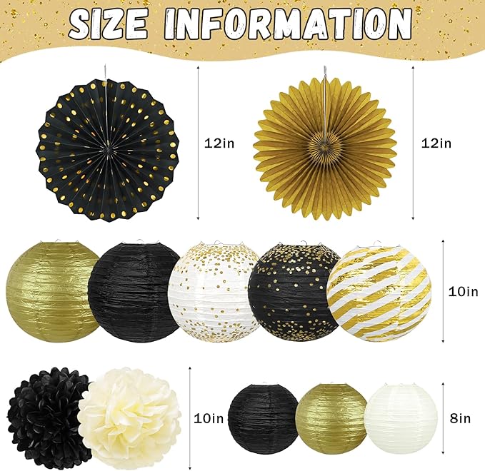 Black and Gold Party Decorations - 14Pcs Hanging Paper Lanterns Fans for Prom Decorations 2026, Graduation Party, Great Gatsby Theme, Men Women 40th 50th 60th Birthday Party Supplies