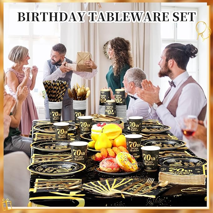 Funnymoom 452 Pcs 70th Birthday Party Decorations Set for Men Women, Black and Gold Happy 70th Birthday Paper Plates Napkins Cups Tablecloth Cutlery Straws Cheers to 70 Years Anniversary Party