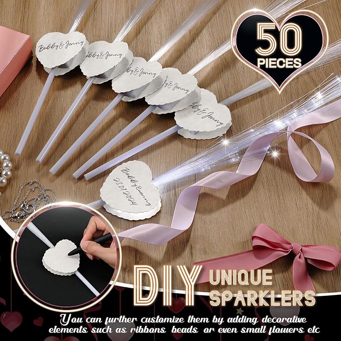 Tujoe 50 Pcs LED Wedding Sparklers Glow Sticks Heart Shape Long Fiber Optic Wands with 3 Light Modes for Send Off Reception Valentine Proposal Carnival Birthday Party Supplies Dance Floor Prop (White)