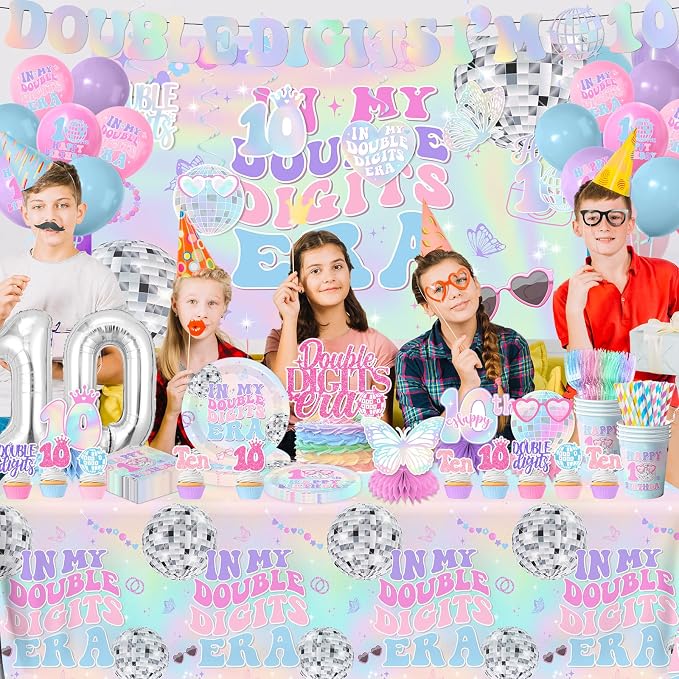 10th Birthday Decorations for Girl,198pcs In My Double Digits Era Party Decor 10 Year Old Birthday Decorations Plates and Napkins Cups Tablecloth Banner Honeycomb for Double Digits Era Party Supplies