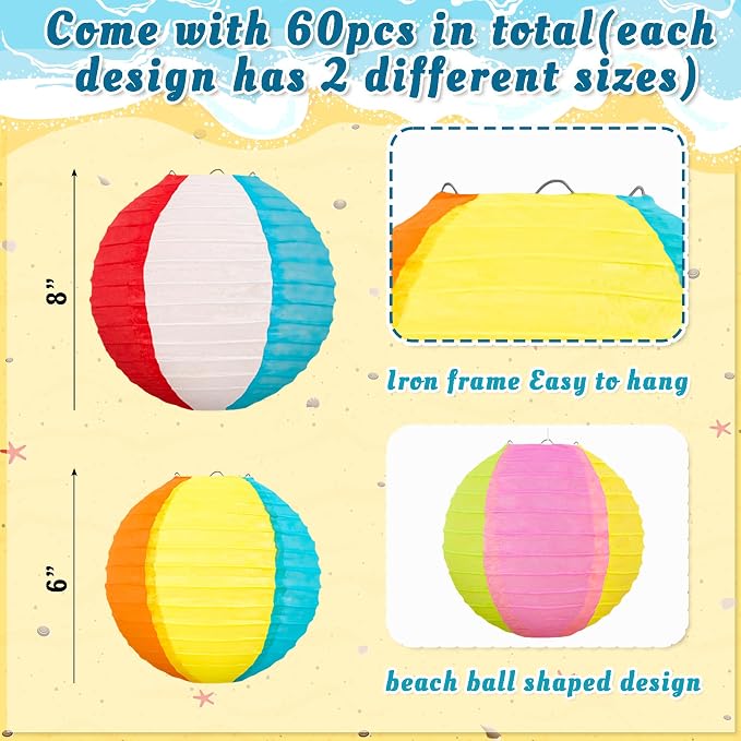 ‎Renbuzhu 60PCS Pool Party Decorations Beach Ball Paper Lanterns Bulk - Summer Luau Hawaiian Themed Hanging Decor for Home Birthday Outdoor Indoor