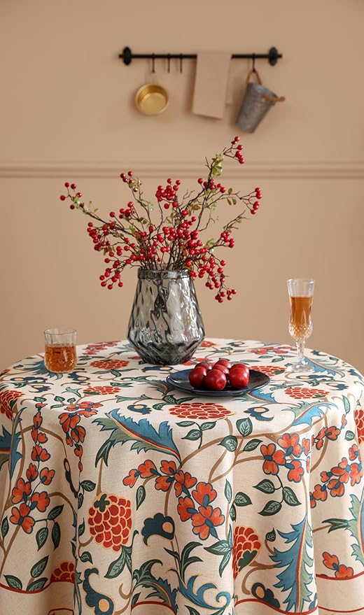 patdrea Elegant French Linen Tablecloth,Round,Diameter 55"-Puno | Luxurious Table Cloth for Round Table,Vintage Colorful Floral Design,Dining Room Kitchen Tea Party Decorations