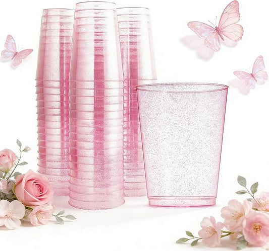 WDF 100pcs 12OZ Rose Gold Cups,Disposable Rose Gold Premium Wedding Glitter Plastic Cups Perfect for Mother's Day Wedding Party Birthday