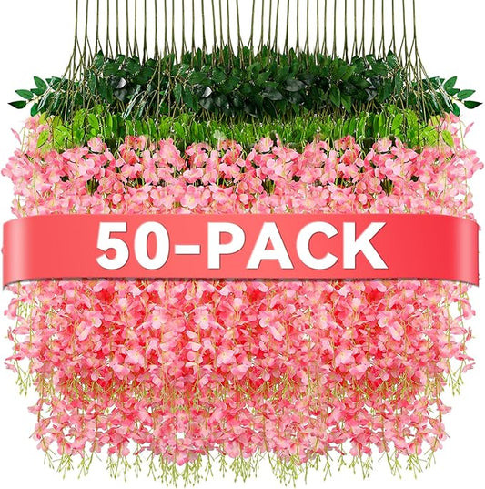 Alotiki Wisteria Hanging Flowers,50 Pack Fake Hanging Flowers,Wisteria Artificiales Garland for Home Wedding Arch Floral Party Garden Ceremony Outdoor Decor,3.6 Feet Long(50,Pink)