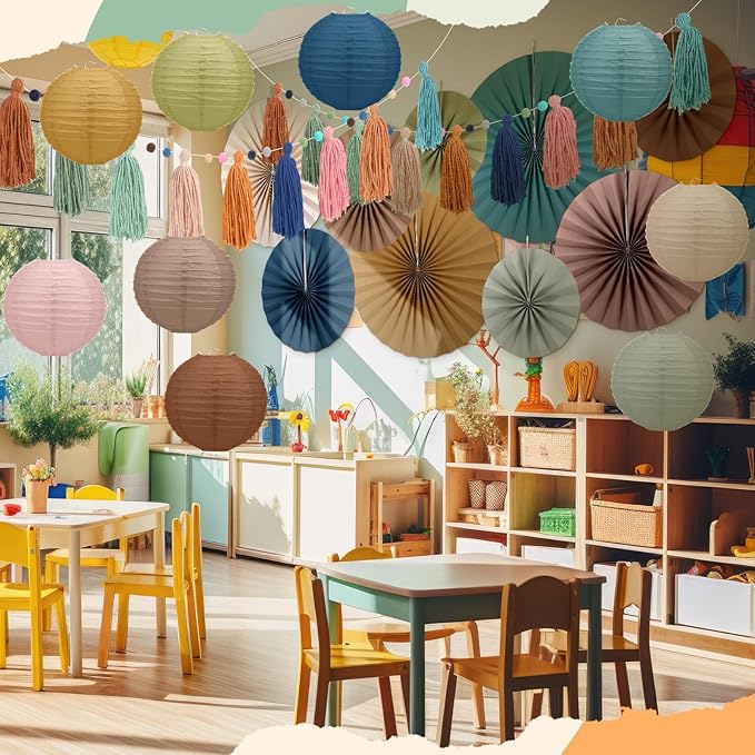 Feifeiya Boho Party Decoration 20 Pcs Hanging Paper Fans Paper Lanterns Tassel Garlands Set Back to School Wall Hanging Fans for Classroom Decor Birthday Baby Shower Wedding