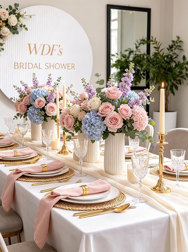 WDF 150Pcs White and Gold Plastic Plates - Gold Plates Disposable - 50 Guest Disposable Dinnerware Include 50 Dinner Plate, 50 Dessert Plate, 50 Cutlery & 50 9oz Cups for Wedding/Spring/Mothers Day