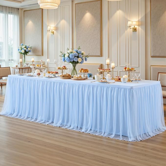 2 Pack Baby Blue Tulle Tablecloth Skirt for 8 Foot Rectangle Tables Baby Shower Tablecloths Blue Ruffle Tutu Table Skirt Stretch Fitted Table Covers for Wedding Birthday Party Banquet Reception