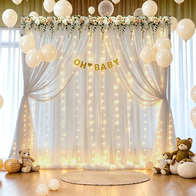 10ft x 10ft Cream White Chiffon Backdrop Curtain with Lights String for Parties,2 Panels Sheer Tulle Curtain Wedding Backdrop for Baby Shower Birthday Party Ceremony Reception Home Decorations