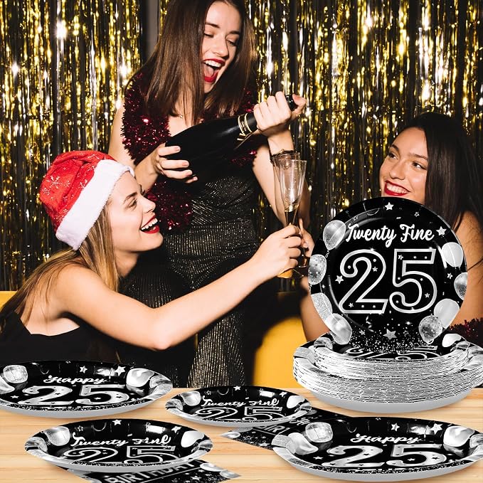Grencian 96Pcs 25th Birthday Decorations Black Silver 25th Birthday Party Plates Disposable Paper Tableware Set for Women Men Happy 25 Year Old Graduation Decorations 2026 Supplies Serves 24