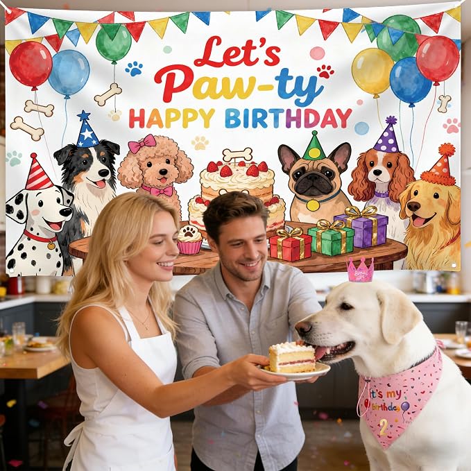 Dog Birthday Party Supplies,72X43Inch Let's Pawty Dogs Kids Birthday Party Banner Birthday Girl Cake Bandana Triangle Scarf Party Hat with Numbers for Large Medium Small Dog
