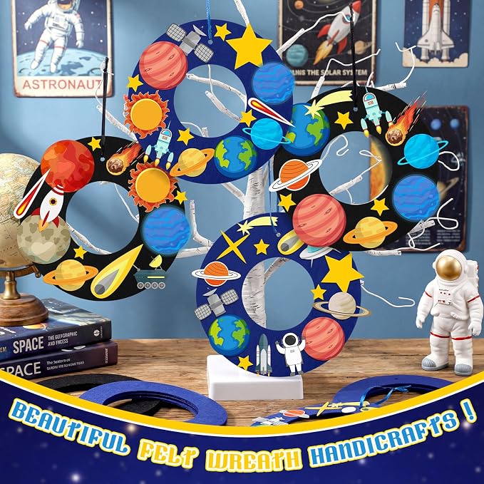 Sureio 32 Sets Space Craft Kits Solar System Project Kits DIY Wreath Craft Outer Space Arts Birthday Party Decoration with Planet Spaceship Rocket Astronaut Star Stickers for Party Favor Supplies