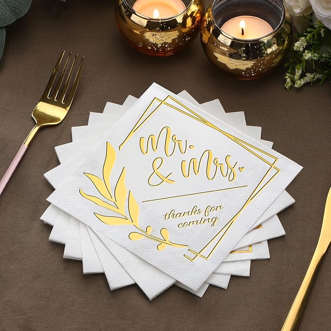 Tinlade 300 Pcs Mr and Mrs Wedding Napkins for Reception 3 Ply Gold Disposable Cocktail Dessert Napkins Beverage Decor for Engagement Table Decorations Bridal Shower Party Supplies,5 x 5 Inch