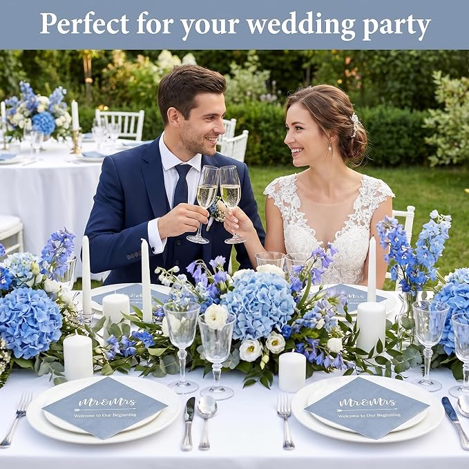 Teling 400 Pcs Wedding Napkins for Reception, 3 Ply Mr Mrs Wedding Cocktail Napkins for Engagement Bridal Shower Party Supplies Beverage Dessert Table Decorations(Haze Blue)