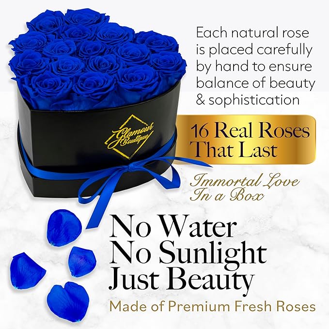 GLAMOUR BOUTIQUE 16 Flower Forever Heart Shape Box, Mothers Day Gift For Mom, Eternal Preserved Roses Gift for Her, Flowers bouquet, For Birthday, Anniversary, Girlfriend - Blue (Color-Treated)
