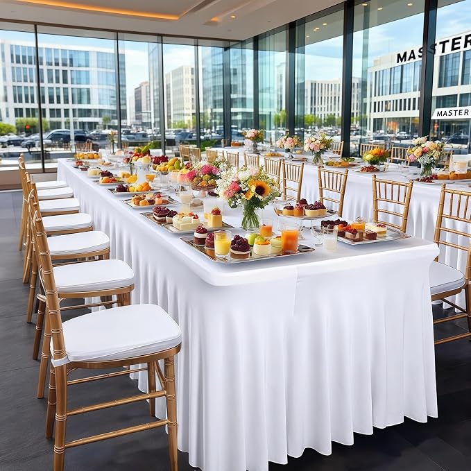 Wish Care 8 Pack White Spandex Table Clothes for 8 Foot Rectangle Tables, 8FT Wrinkle Free Fitted Tablecloths Ruffles Design Table Cloth for Party, Banquet, Wedding and Events