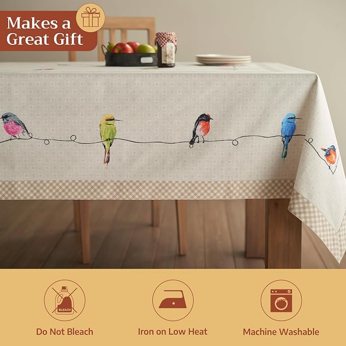 Maison d' Hermine Table Cloth Rectangle Table 100% Cotton 70 x 90 Inches Tablecloth Reusable Decorative for Dining Kitchen Room Farmhouse Party Home Hotel Restaurant Spring Summer - Birdies on Wire