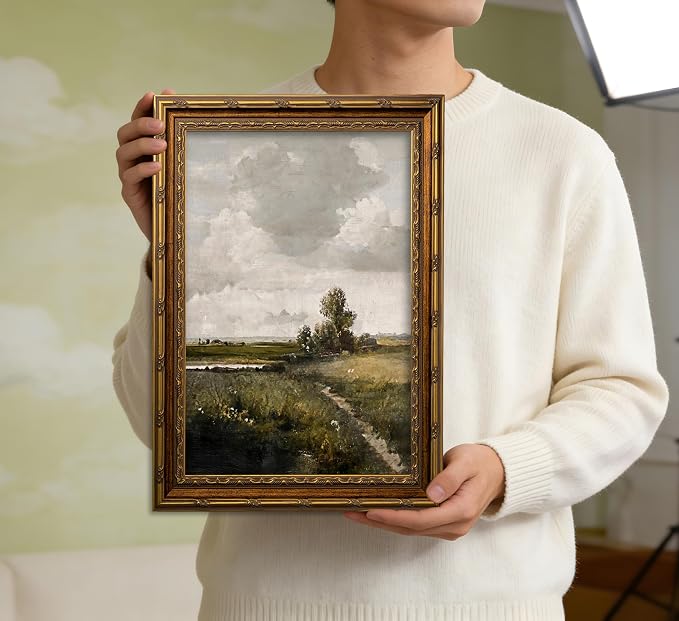 Vintage Gold Framed Rustic Landscape Wall Art Nature Landscape Canvas Wall Decor Cottagecore Poster Artwork Picture for Home Living Bedroom Farmhouse Hallway