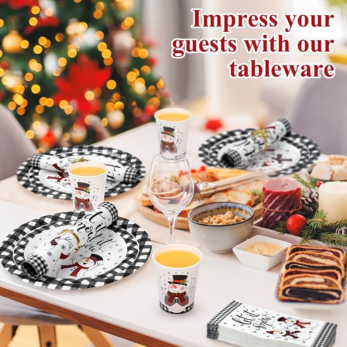 Funnymoom 250 Pcs Winter Snowman Paper Plates and Napkins Party Supplies Black White Buffalo Plaid Winter Disposable Tableware Set for Christmas Holiday Party Decoration