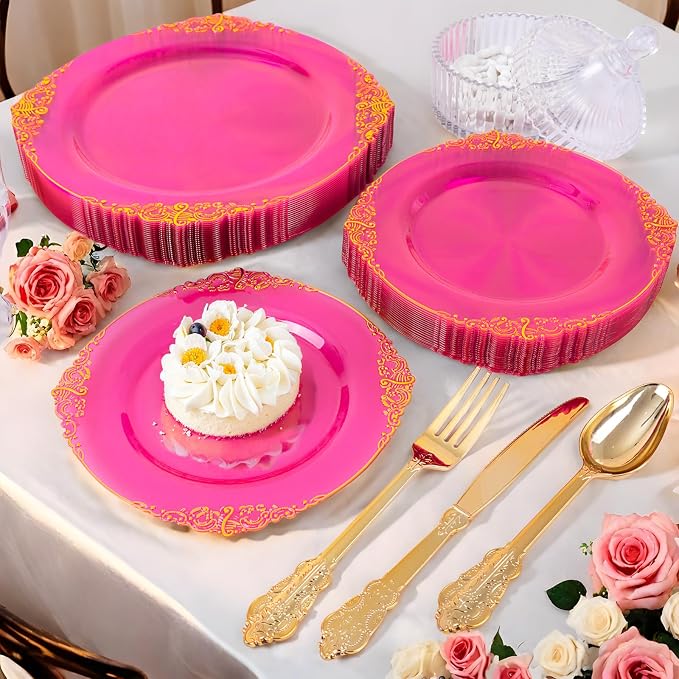 125PCS Hot Pink Plastic Plates - Clear Pink Gold Disposable Plates - Hot Pink Party Plate with Gold Plastic Silverware Set for 25 Guests for Wedding Birthday Party Baby Shower