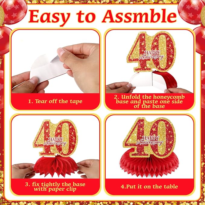 Red Gold 40th Wedding Anniversary Decorations Banner, 40th Anniversary Table Centerpieces Hanging Swirls Tissue Pompoms Foil Balloon for 40 Years Wedding Party Decoration Supplies