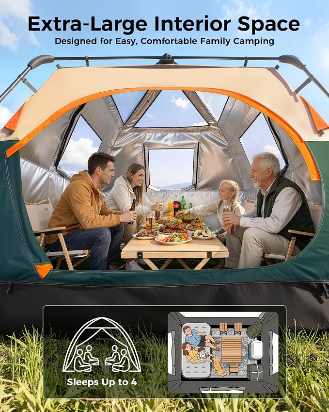 4 Person Instant Tent, Camping Tent Setup in 60 Seconds, Waterproof Pop Up Tents for Camping with Top Rainfly, Instant Cabin Tents with Portable Carry Bag for Family Camp & Hiking, Green + Brown