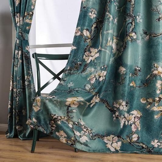 Taisier Home Chinese Style Plum Blossom Curtain Green Artistic Print Curtains 95 Inches Long for Living Room,Personalized Pattern Curtains Bedroom Window Treatment Curtains 2 Panels Set