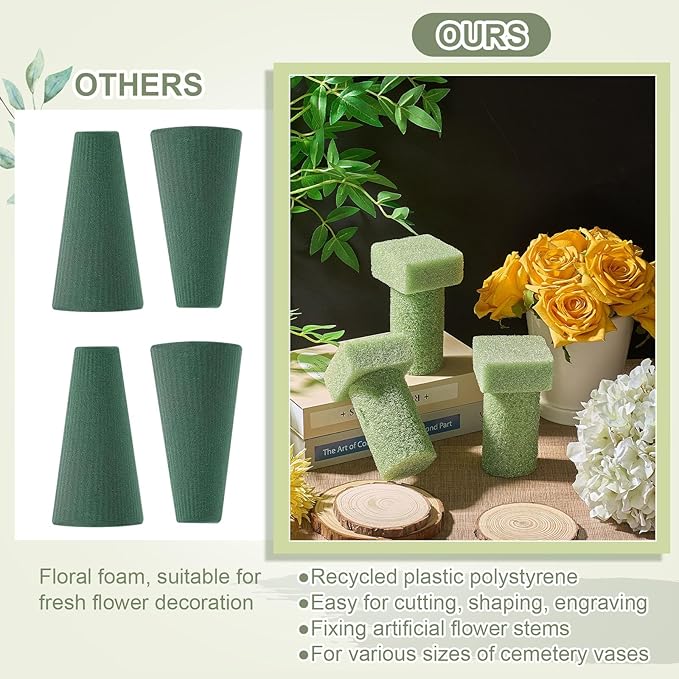 Chunful 6 Pieces Floral Foam Vase Insert 3. 25 x 6 Inch Cemetery Vase Inserts Recycled Floral Foam Cemetery vases for Grave Artificial Flowers Home Florist Headstone Decoration Flower Arrangements