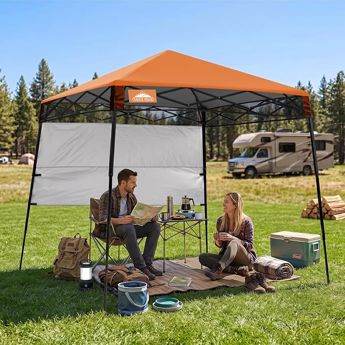 EAGLE PEAK 8x8 Pop Up Canopy Tent with Sidewall, Compact, Portable Slant Leg Instant Sun Shelter for Beach, Sports, & Camping, 8x8 Base 6x6 Top, Orange