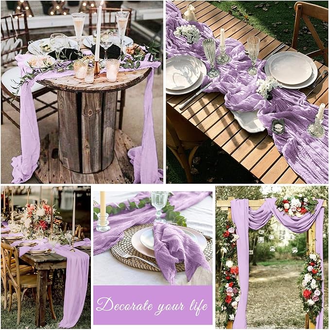 10 Pack Cheesecloth Table Runner 17 x 108 inch Long Boho Gauze Table Runners Semi Sheer Table Runner for Wedding Decor, Baby Shower, Birthday Party, Banquet (Lavender)