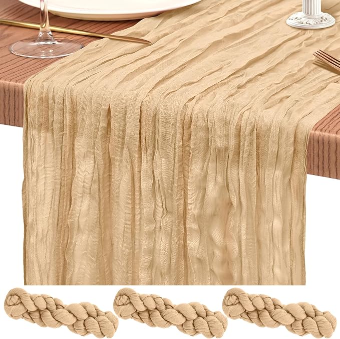 3 Pack Cheesecloth Table Runner 10FT Nude Table Runner Boho Gauze Cheese Cloth Table Runners Long Rustic Sheer Table Decorations for Wedding Party Baby Bridal Shower Birthday Holiday Home