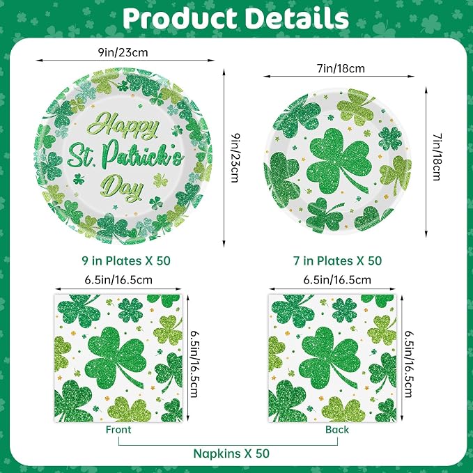 150 Pcs Happy St Patricks Day Plates and Napkins Set - Disposable St. Patrick's Day Tableware kit, Green Shamrock Paper Dinner Dessert Plates Dinnerware for St Patrick Day Party Decorations, Serve 50