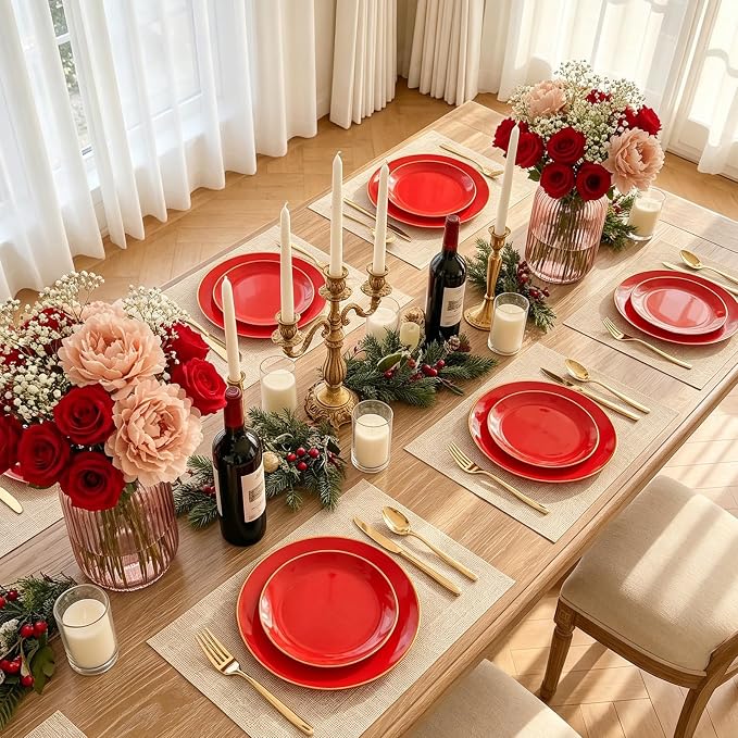 I00000 150Pcs Red Plastic Plates with Gold Rim,Fancy Plastic Plates,Nice Disposable Plates Set include 30 Dinner Plate,30 Dessert Plate, 90 plastic Silverware Set for Valentine's Day