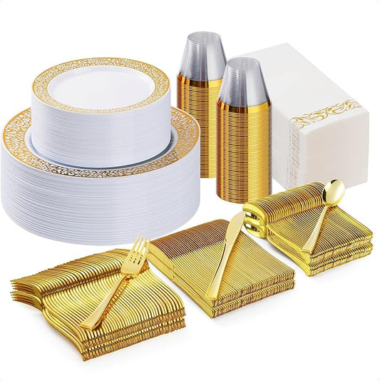 Bestluck 350PCS Gold Plastic Dinnerware Set for 50 Guests, Disposable Plates for Party, Wedding and Dinner, Include 50 Dinner Plates, 50 Dessert Plates, 50 Set Silverware, 50 Cups, 50 Napkins