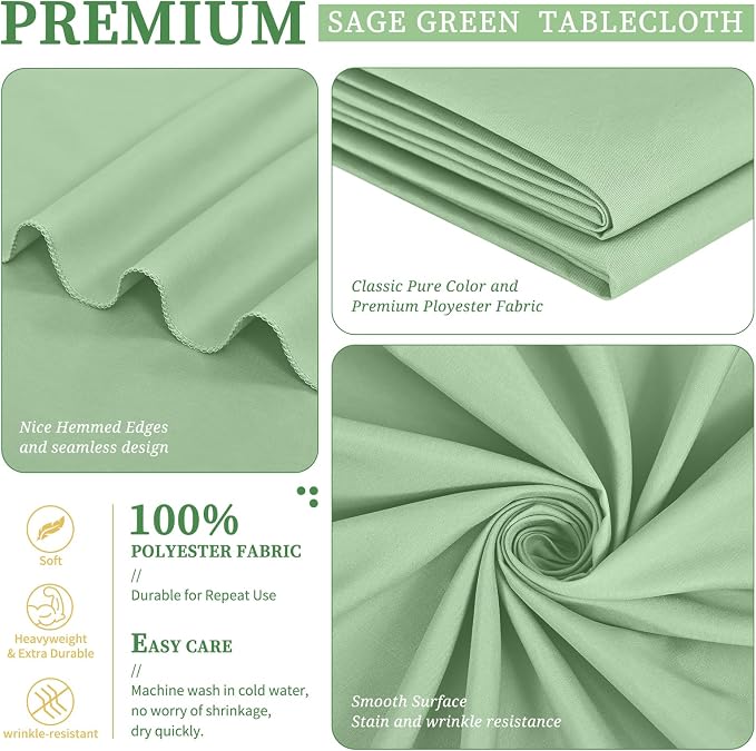 Showgeous 4 Pack Sage Green Rectangle Tablecloth 60 x 126 Inch, Wrinkle & Stain Resistant, Perfect for 6ft & 8ft Tables, Wedding, Banquet, Everyday Use