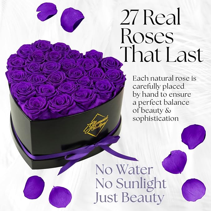 GLAMOUR BOUTIQUE 27 Flower Forever Heart Shape Box, Mothers Day Gift For Mom, Eternal Preserved Roses Gift for Her, Flowers bouquet, For Birthday, Anniversary, Girlfriend - Purple (Color-Treated)