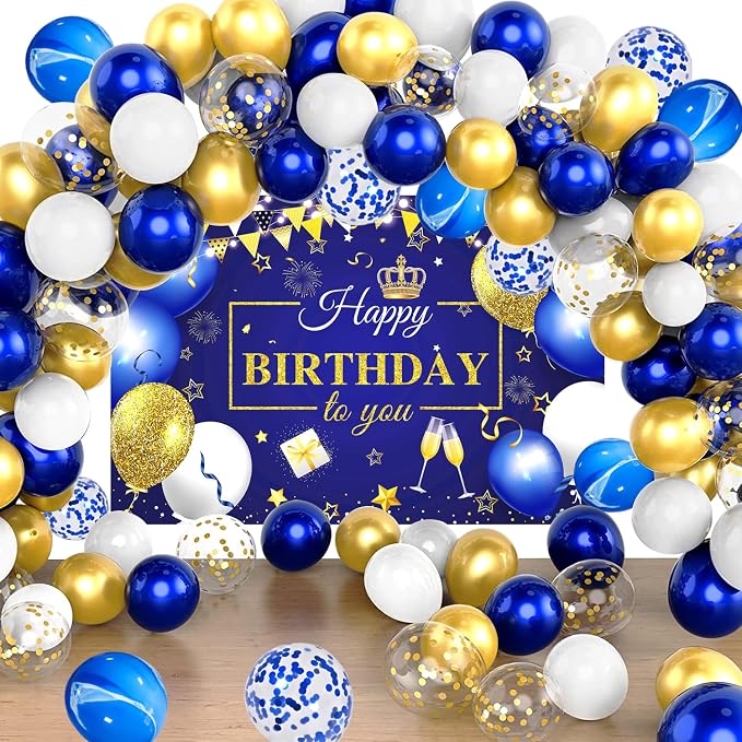 63 PCS Blue Golden Birthday Party Balloons Decorations for Men Women | with Photography Background Backdrop, Happy Birthday Sign Banner, Confetti Balloons
